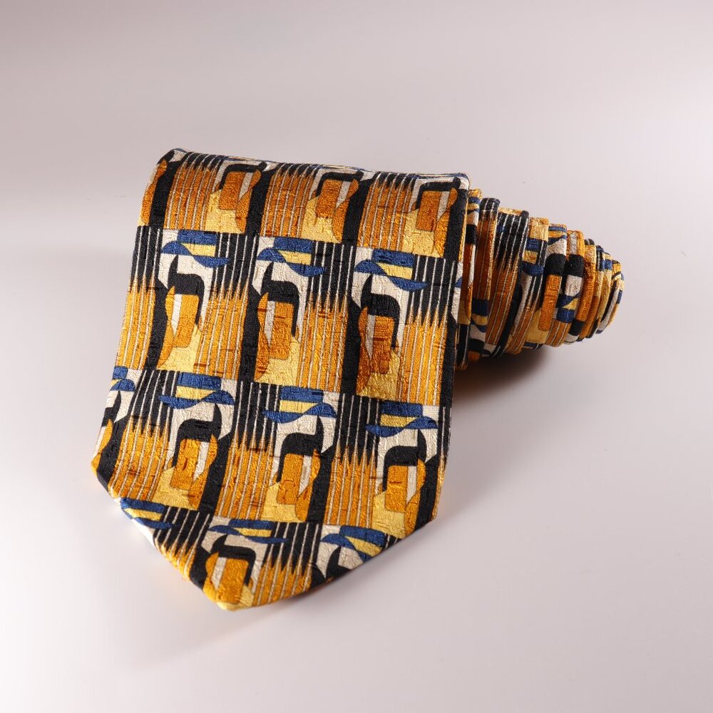 Ermenegildo Zegna 100% Silk Necktie Abstract Gold Blue Black Made in Italy 59"